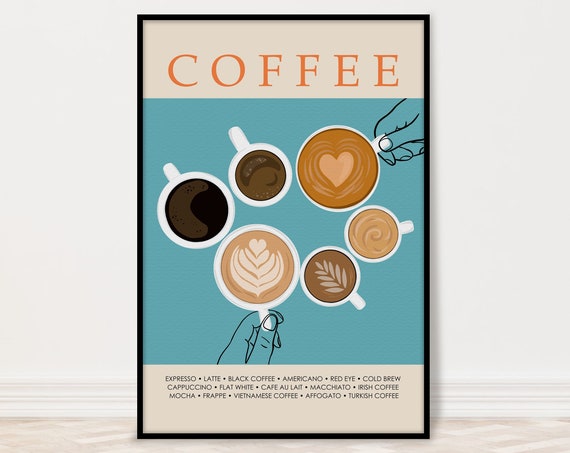 Blue Coffee Poster Coffe Bar Art Print Sign Decor Shop Retro Kitchen
