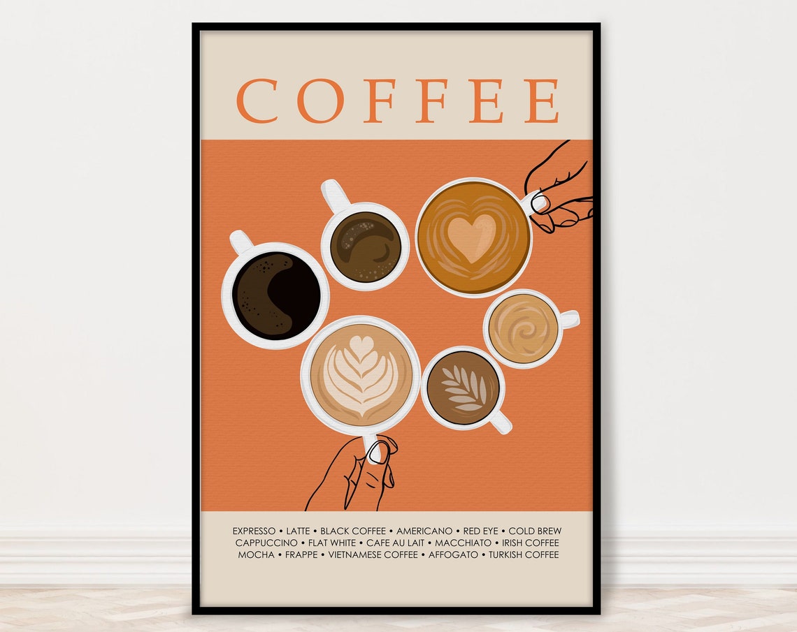 Orange Coffee Drinks Poster Kitchen Decor Latte Espresso Chart Art