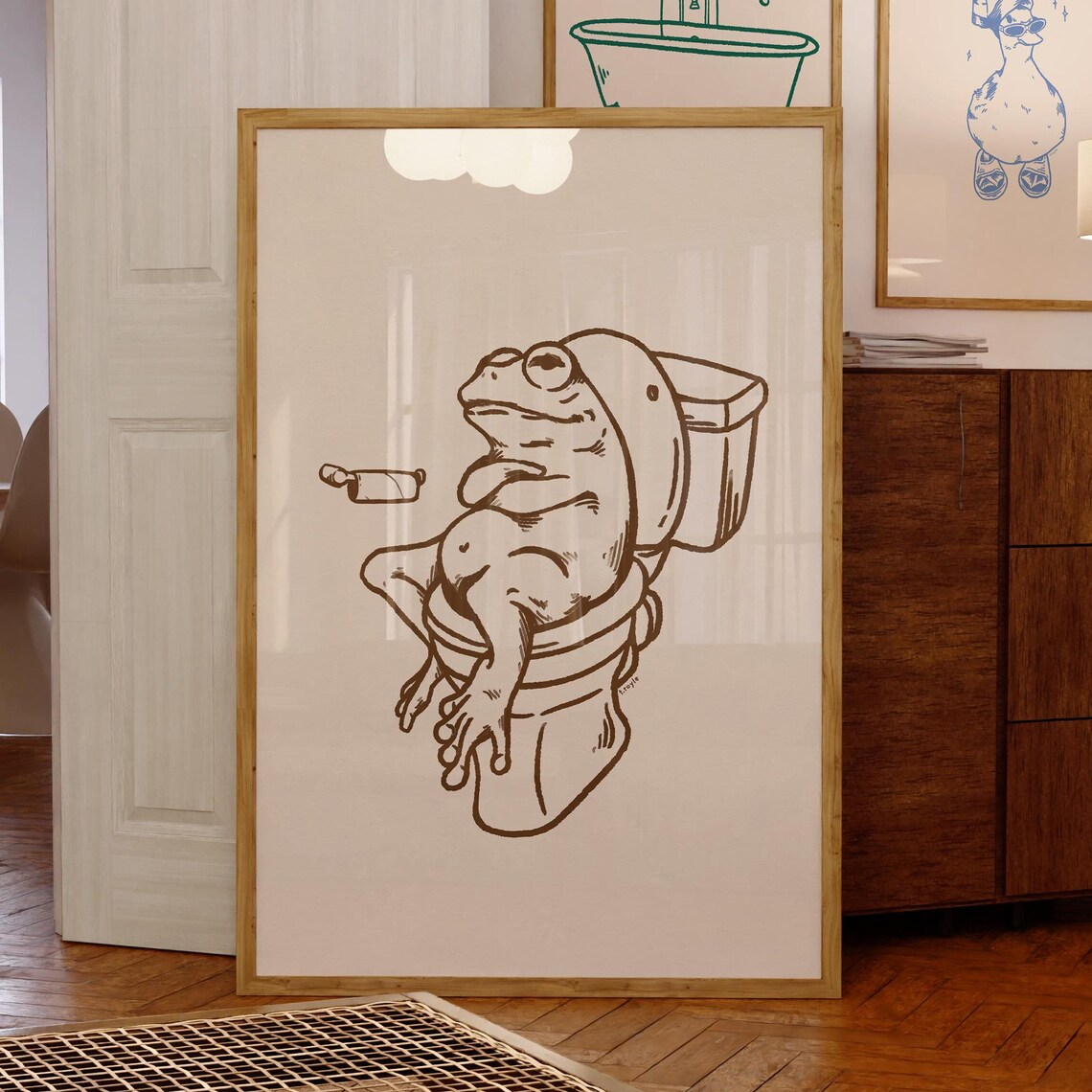 Retro Frog On Toilet Funny Bathroom Art Print