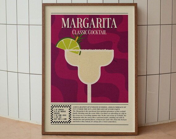 Margarita Classic Cocktail Recipe Bold Magenta Bar Cart Poster