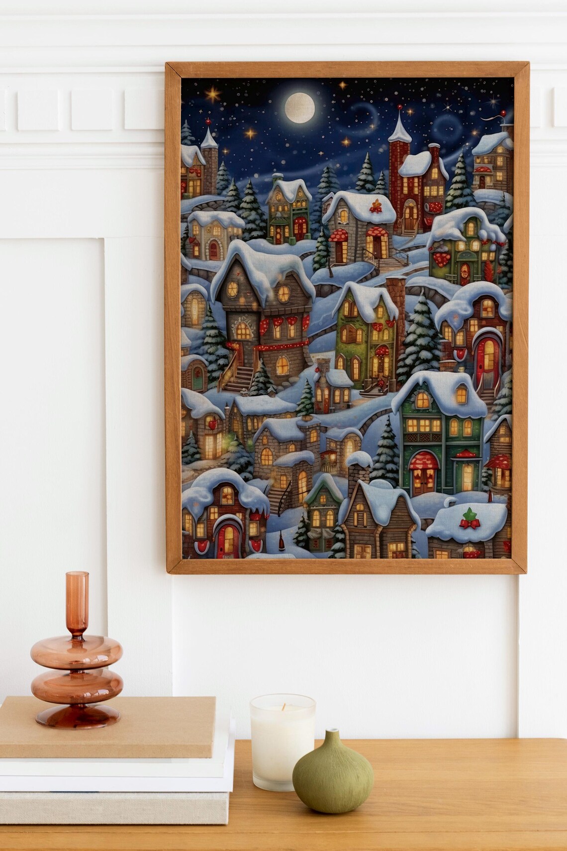 Snowy Christmas Village Night Moon Wooden Frame Holiday Poster - Image 2
