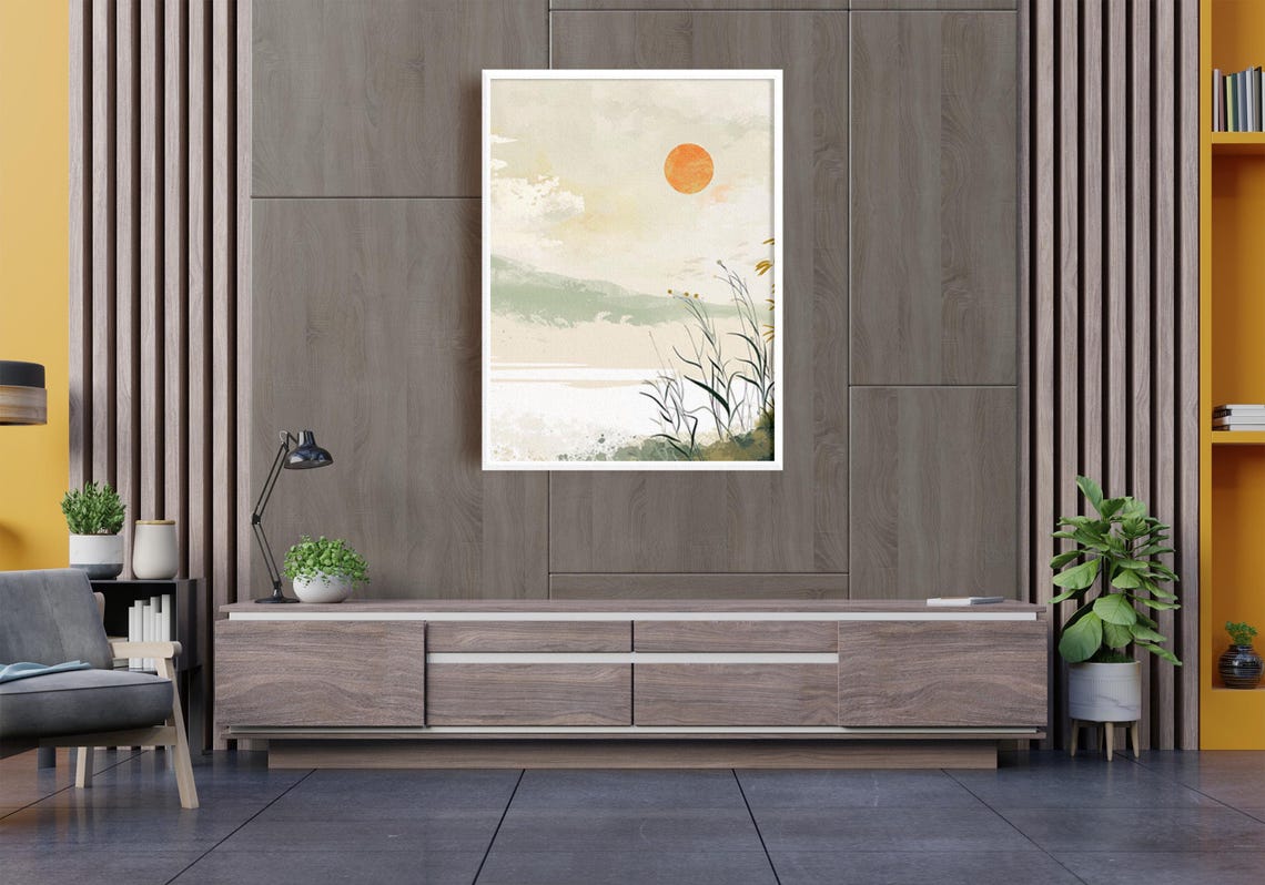 Japanese Sunrise Reeds Lake Minimalist Watercolor Landscape Poster - Image 3