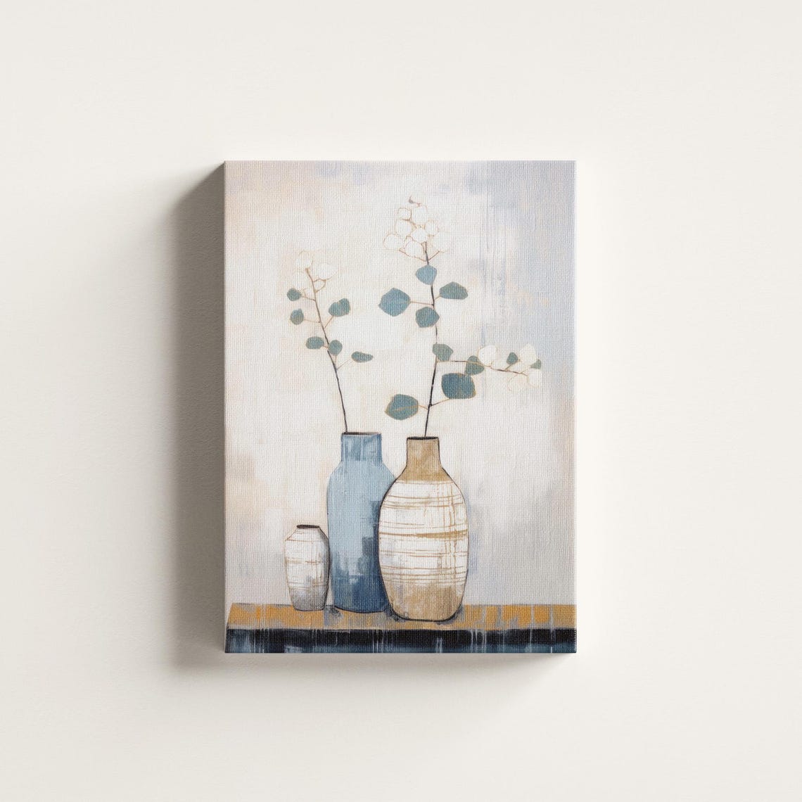 Blue Beige Vases Eucalyptus Minimalist Modern Still Life Wall Art