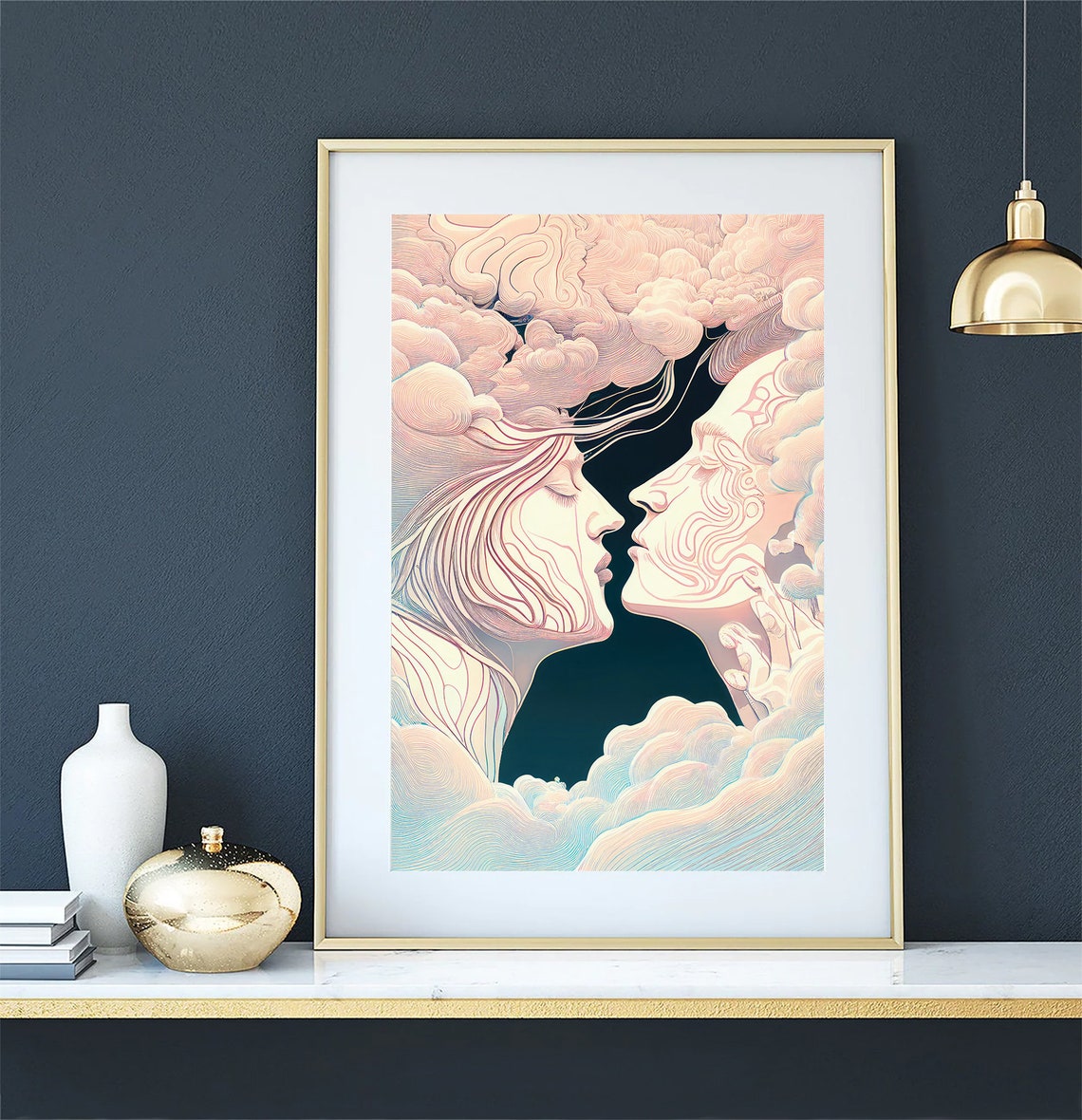 Two Faces Merging in Clouds Line Art Celestial Embrace Poster - Image 3