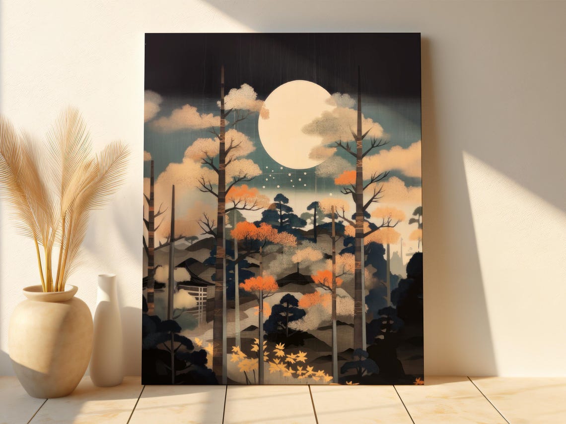Moonlit Japanese Autumn Forest Scene Under a Big Bright Moon Poster