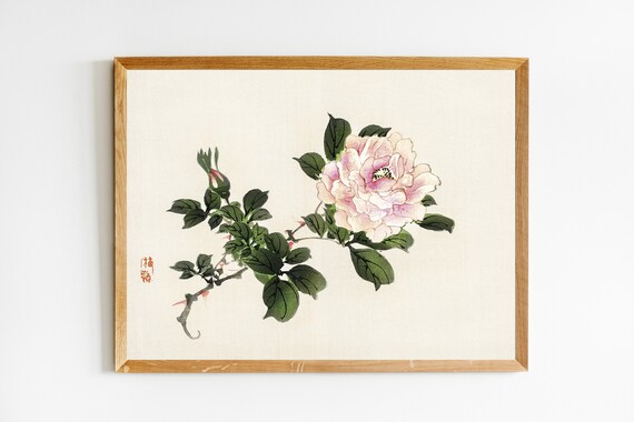 Pink Japanese Rose Watercolor with Green Leaves and Seal Poster