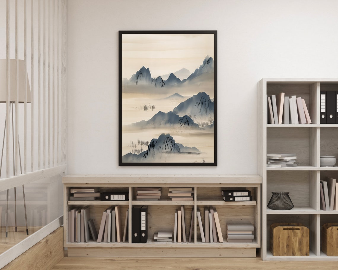 Japanese Misty Mountains Beige Watercolor Serene Landscape Poster