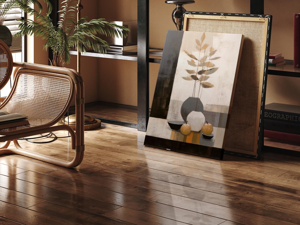Neutral Still Life Vase Golden Leaves Fruits Modern Abstract Wall Art - Image 2