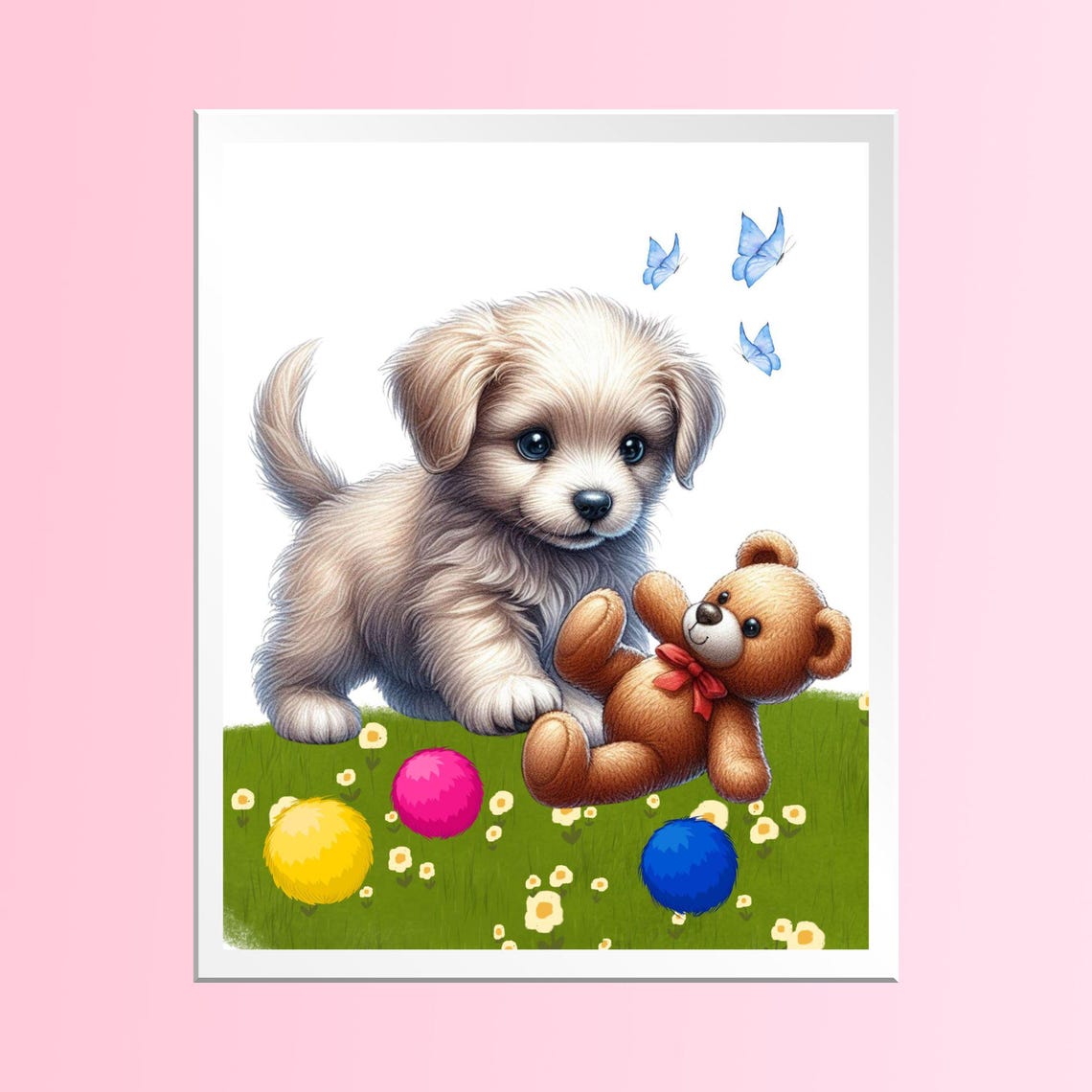 Fluffy Puppy With Teddy Bear and Colorful Balls Playtime Poster - Image 5