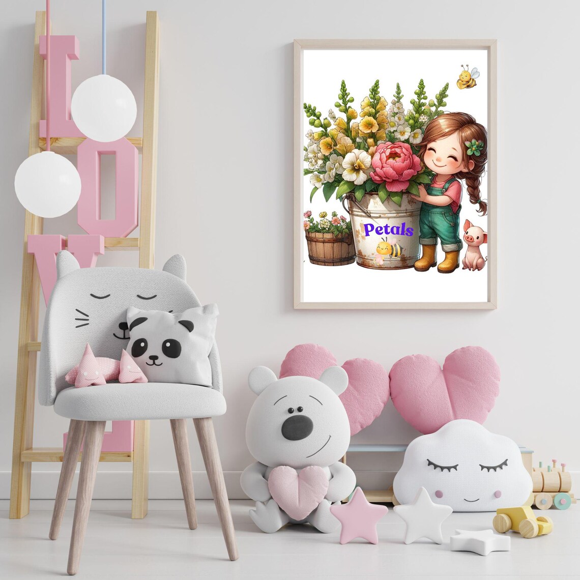 Petals Farm Girl With Big Flower Bucket Piglet and Bees Poster - Image 3