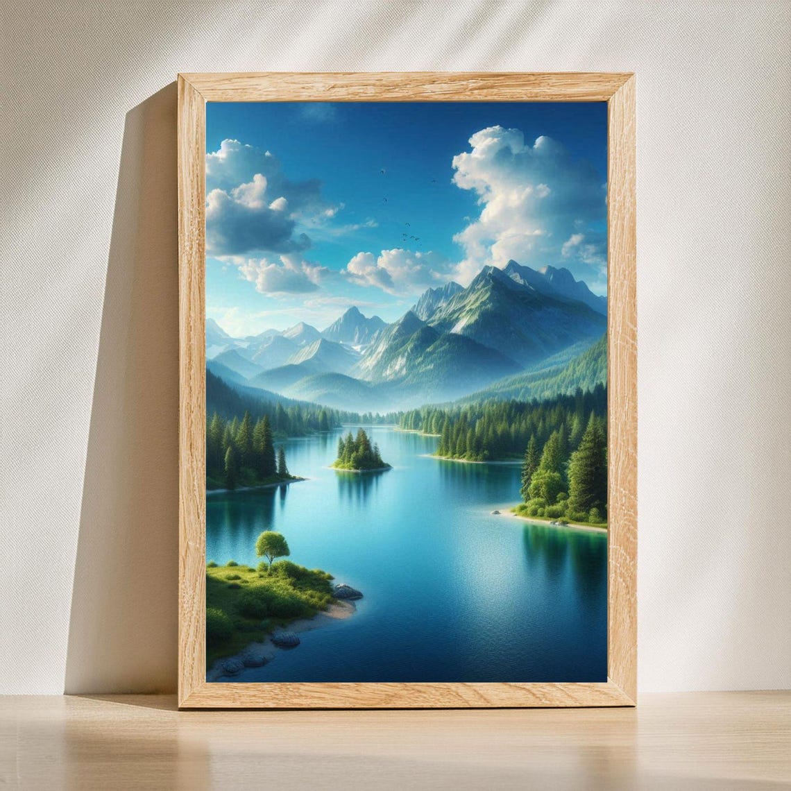 Alpine Lake With Forested Mountains and Blue Sky Landscape Poster