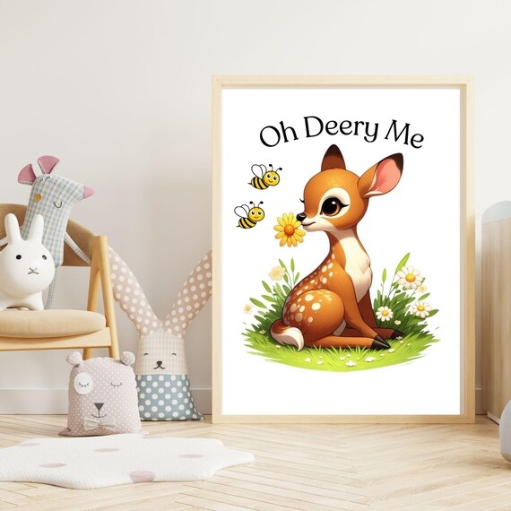 Oh Deery Me Cute Baby Fawn With Daisy And Bees Kids Nursery Poster