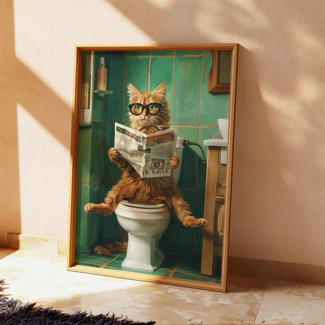 Funny Orange Cat in Glasses Reading Newspaper on Toilet Poster - Image 4
