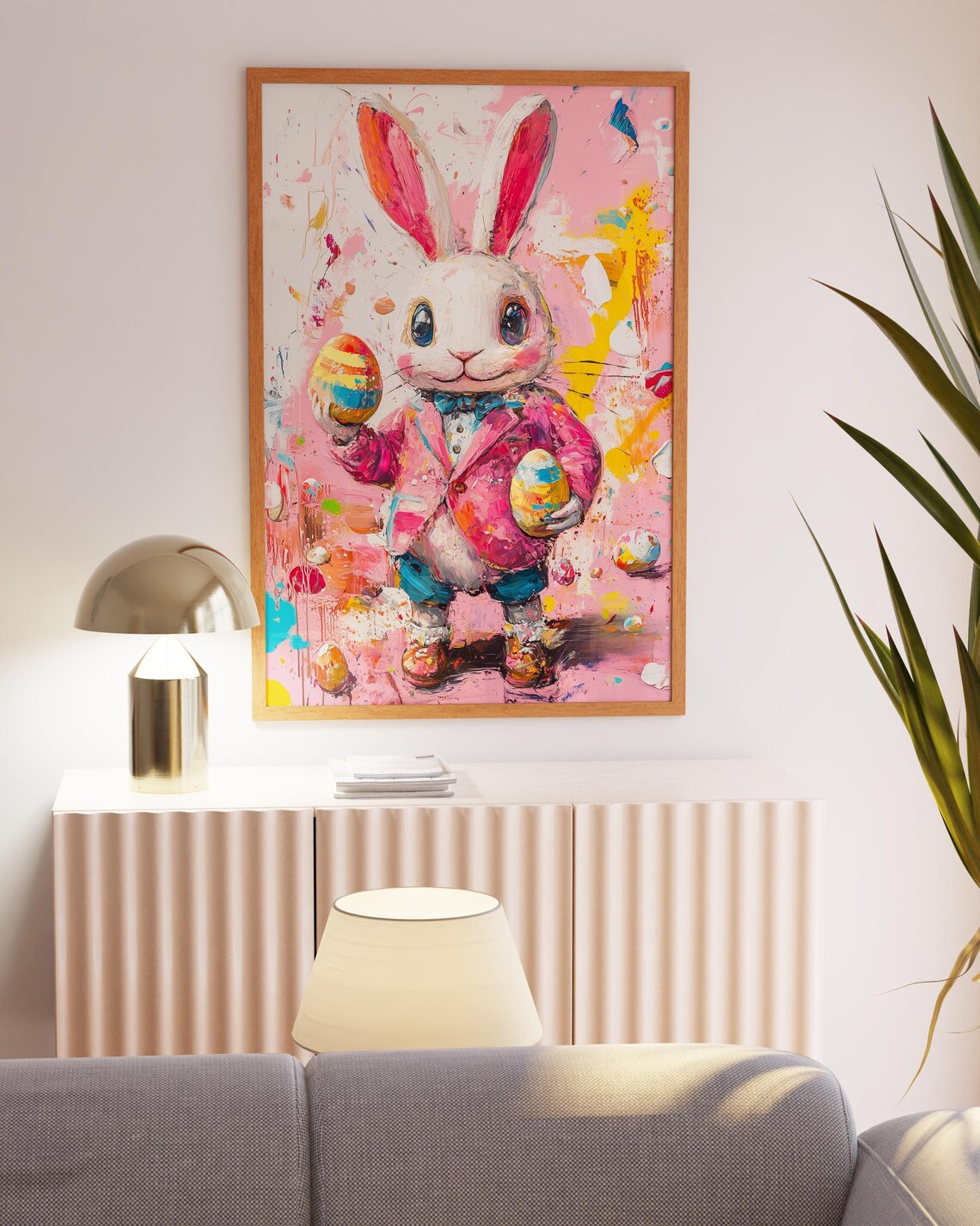 Dapper Bunny in Pink Blazer Holding Painted Easter Eggs Poster - Image 3