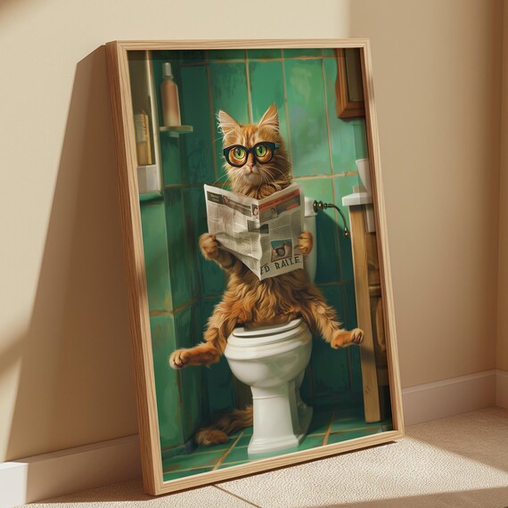 Funny Orange Cat in Glasses Reading Newspaper on Toilet Poster