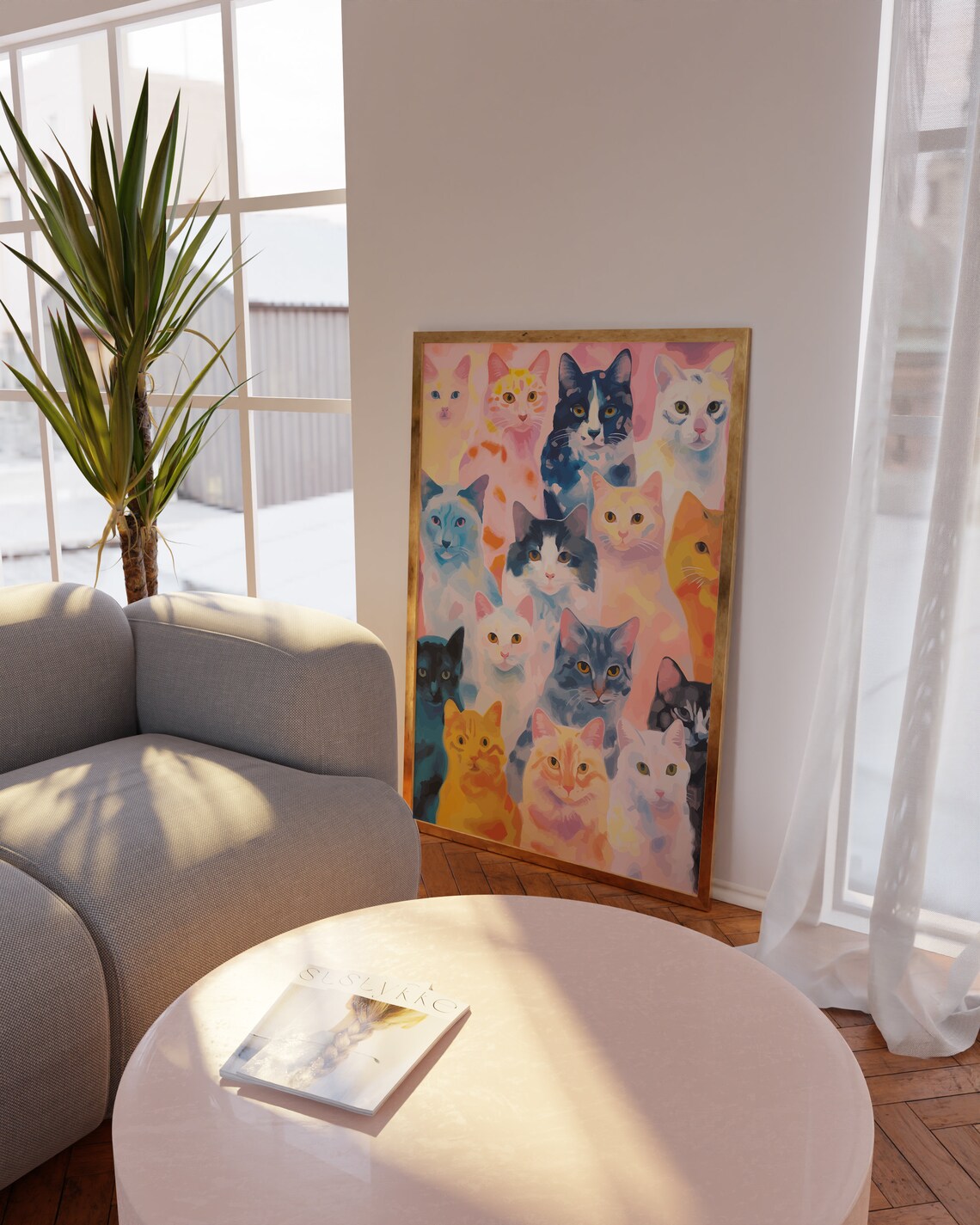 Colorful Watercolor Crowd of Cat Faces in Pastel Hues Poster - Image 3