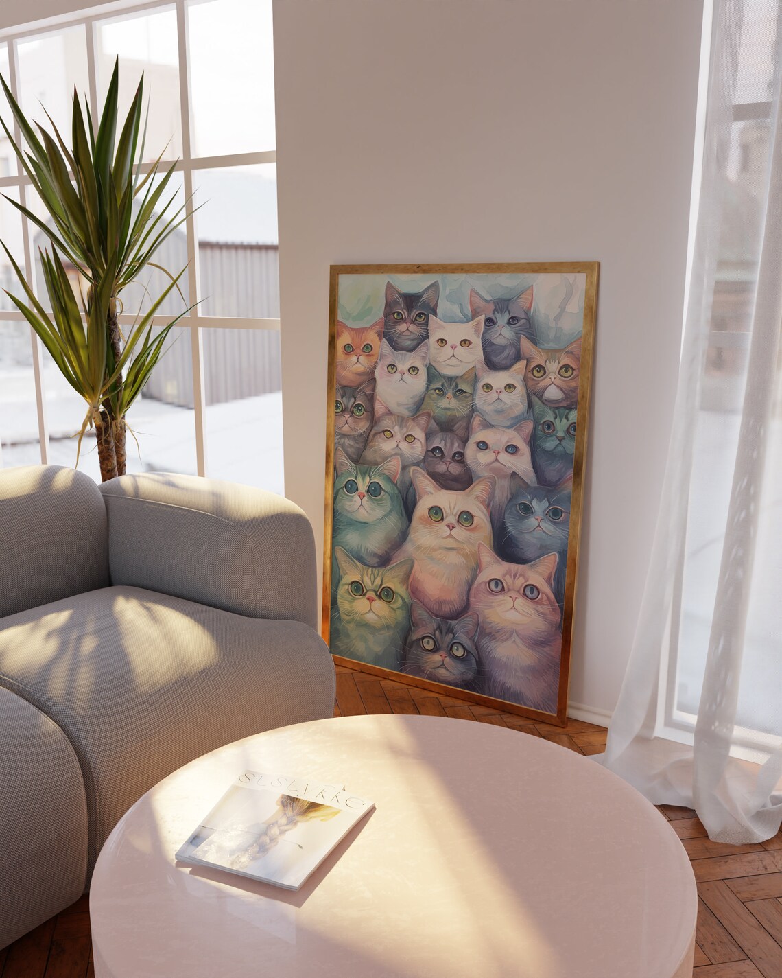 Watercolor Crowd of Colorful Cat Faces in Pastel Hues Poster - Image 4