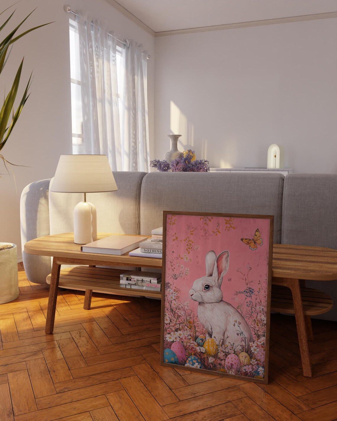 White Bunny in Wildflower Field With Eggs and Butterfly Poster - Image 2