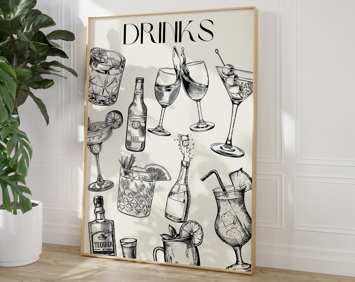 Drinks Cocktail Sketch Black Line Art Bar Cart Decor Home Poster - Image 4