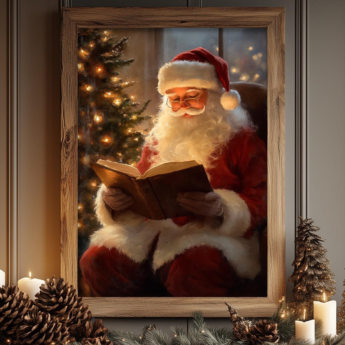 Santa Reading Book, Vintage Christmas Poster Print