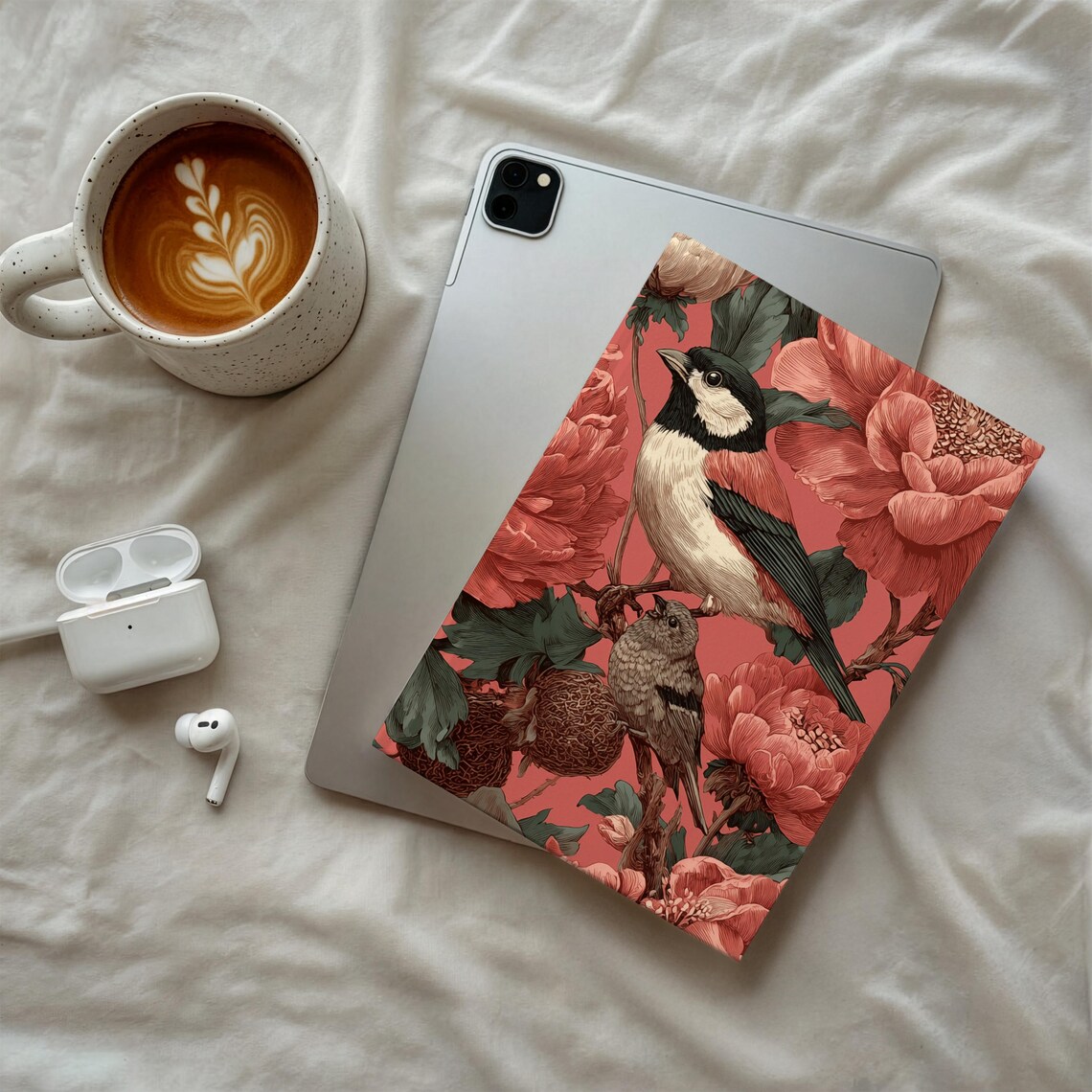 Songbird Peony Blossom Coral Floral Journal Cover Art Poster