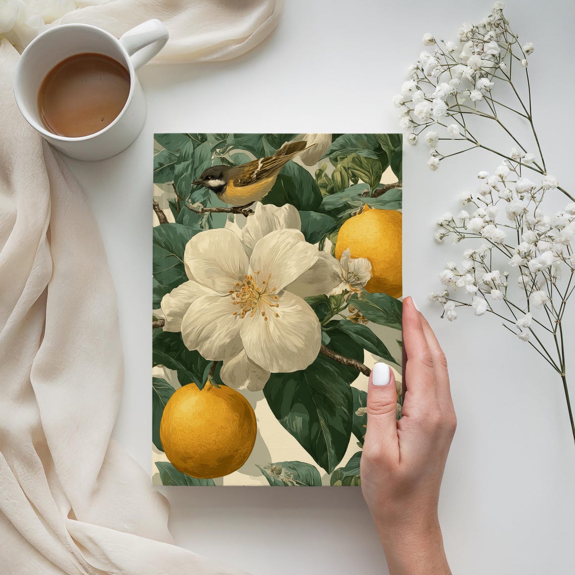 Vintage Citrus Garden Toile Journal Bird Orange Blossom Design Botanical Notebook Warm Ivory Green