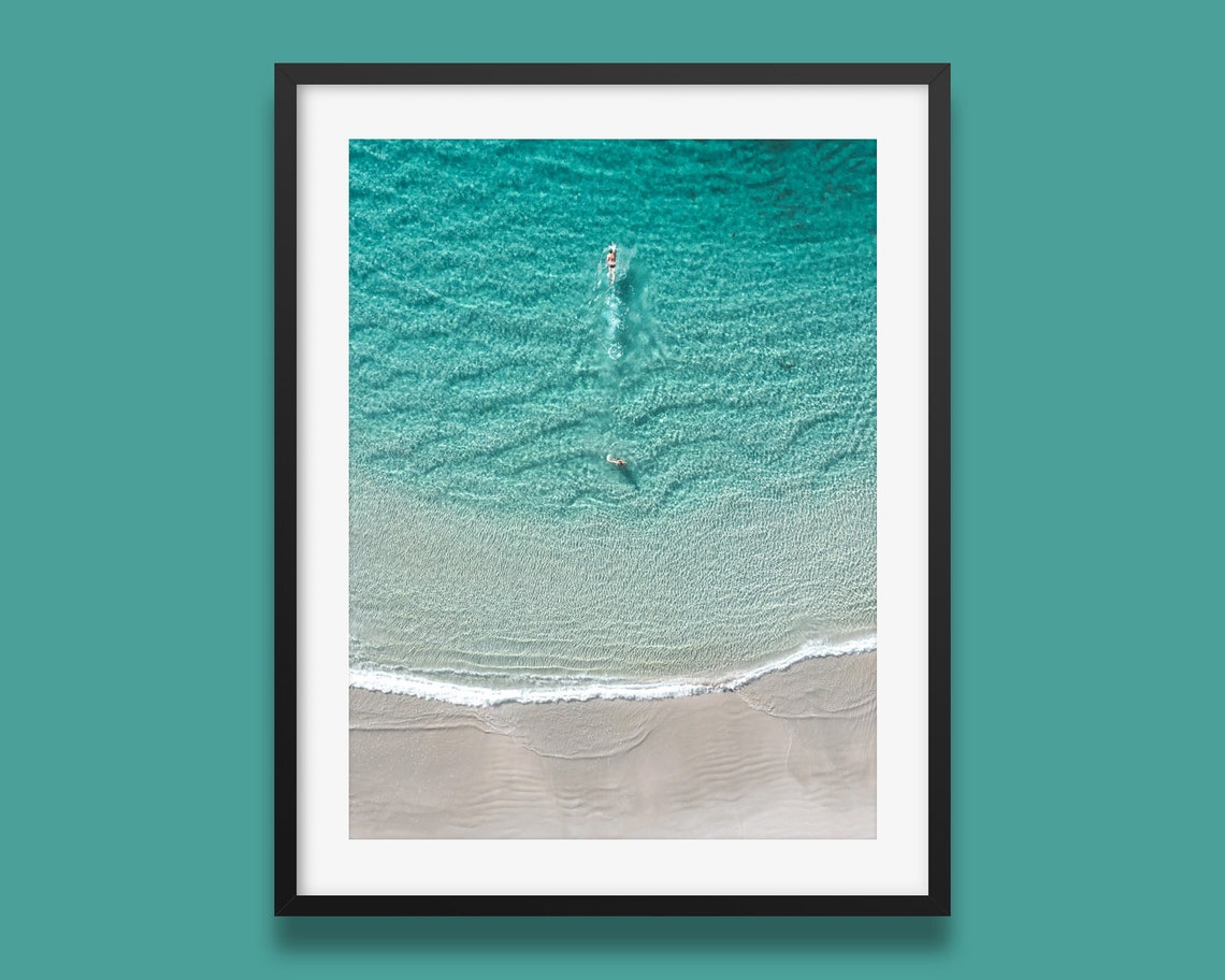 Aerial Ocean Swimmers Turquoise Water White Sand Beach Poster