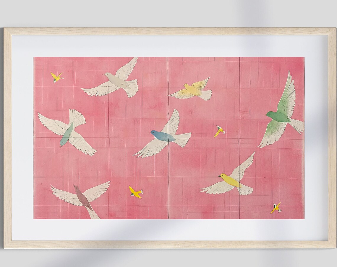 Pink Birds Abstract Painting, Girly Apartment Art Print