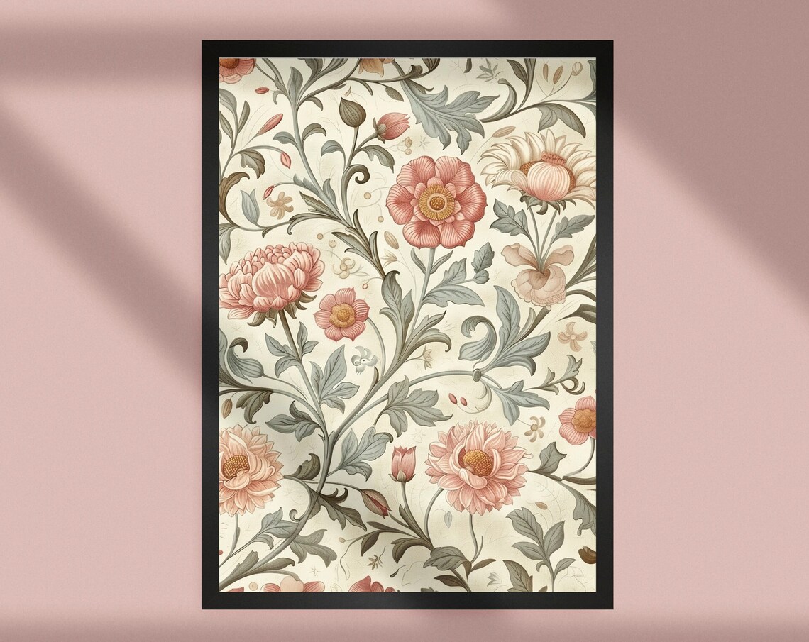 William Morris Style Pink Floral Pattern Vintage Botanical Poster