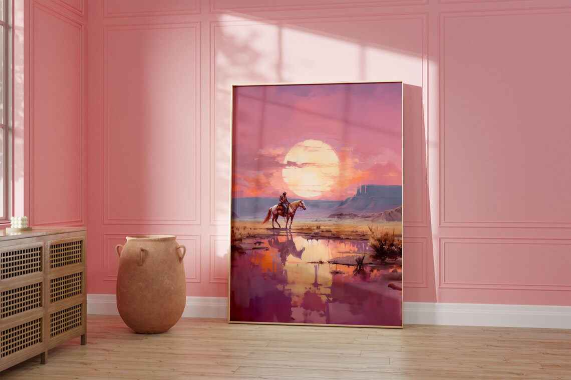 Pink Desert Sunset Cowboy On Horseback Lakeside Reflection Poster - Image 2