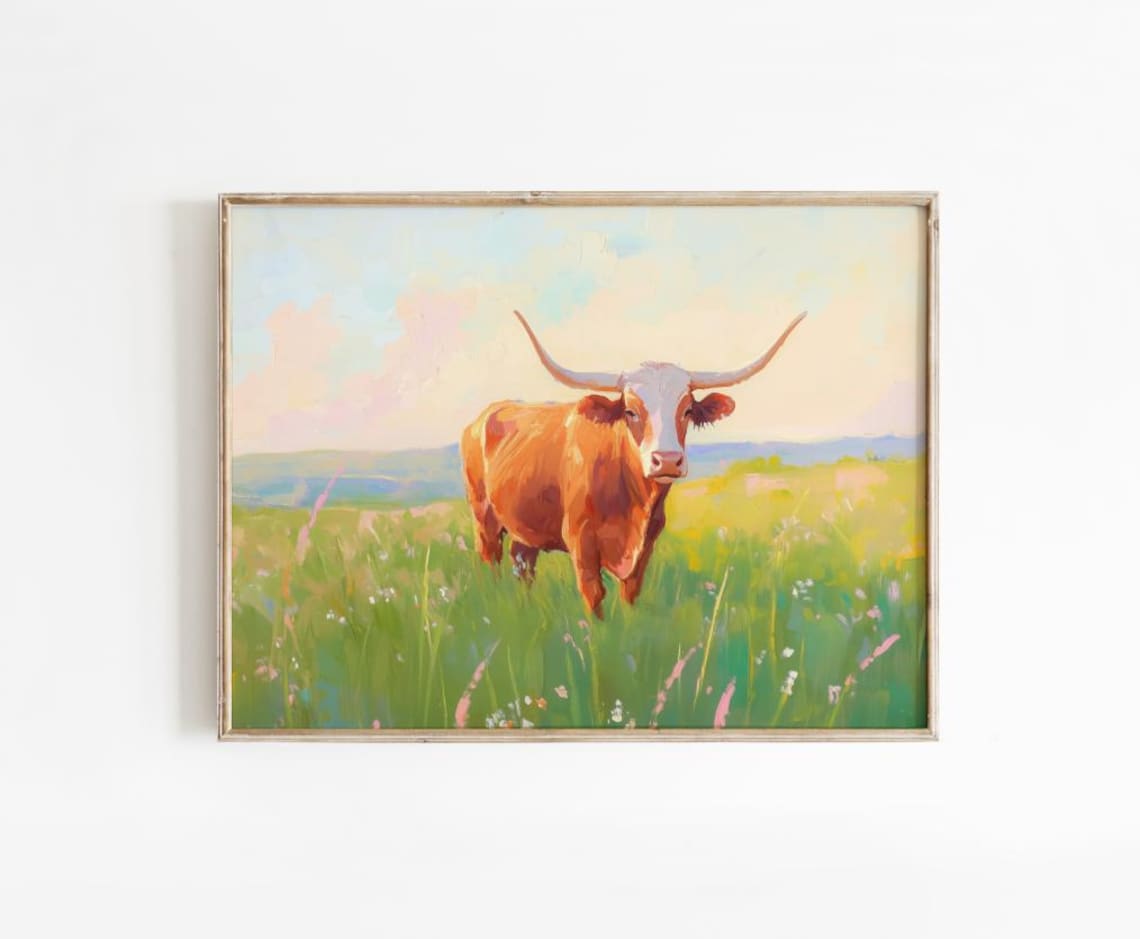 Longhorn Cow Meadow Painting Print Vintage Farmhouse Western Decor Art