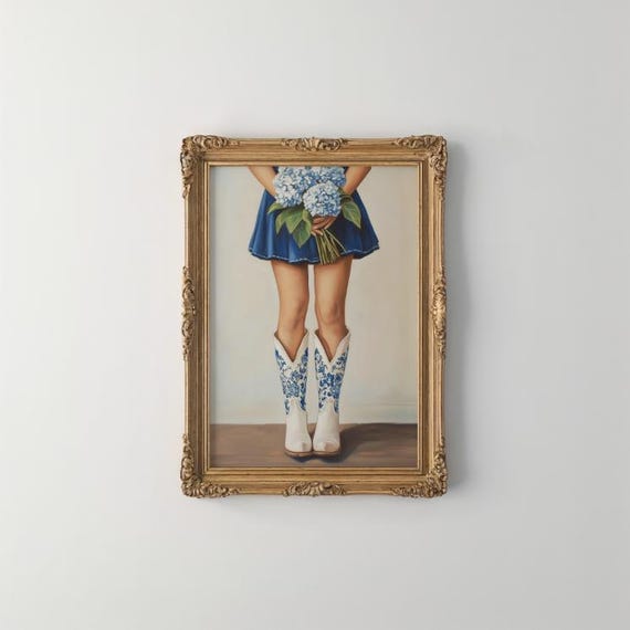 Preppy Chinoiserie Cowgirl Boots Art Print Girly Western Decor