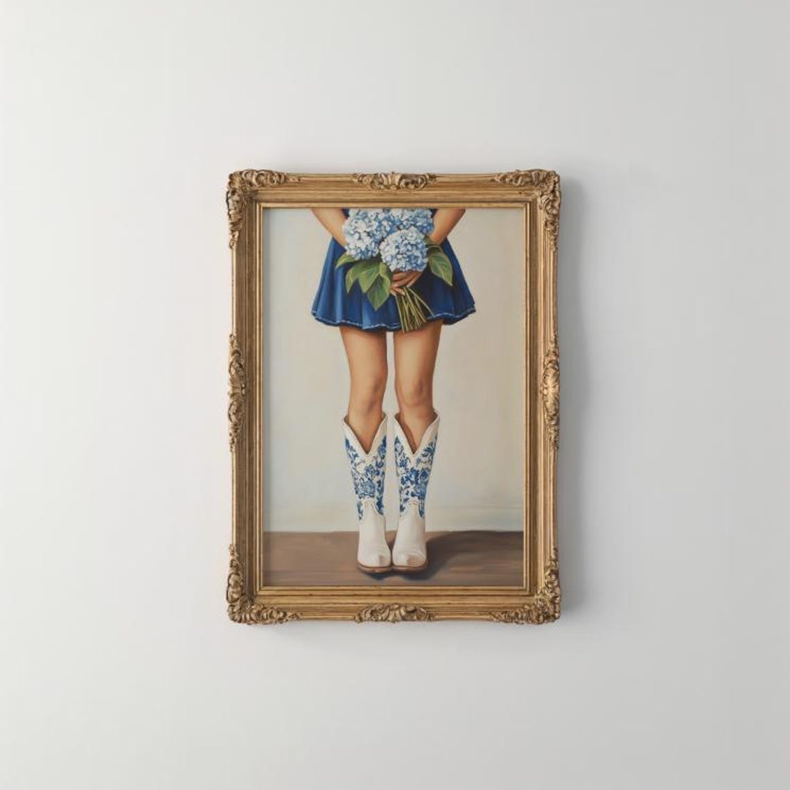 Chinoiserie Cowboy Boots and Hydrangeas Girly Western Art Print