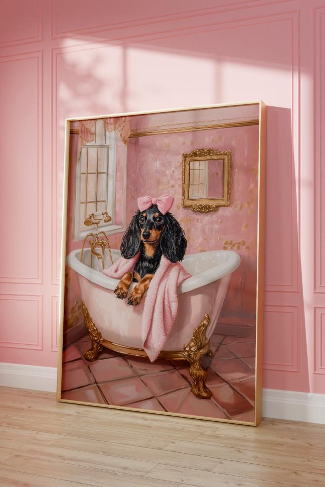 Dachshund in Bathtub Pink Bow Cute Bathroom Dog Portrait Poster