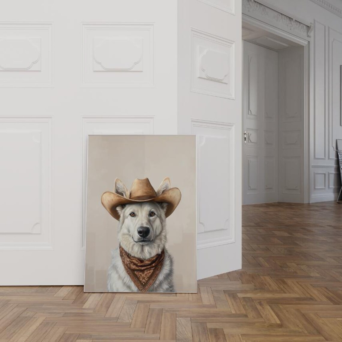 White German Shepherd Cowboy Hat Bandana Western Dog Portrait Poster