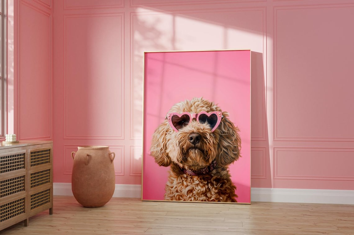 Pink Goldendoodle Funky Poster, Preppy Dog Art - Image 2