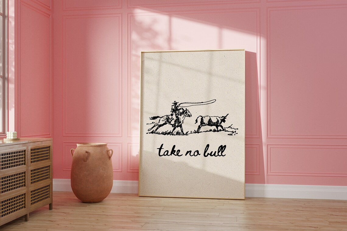 Take No Bull Cowboy Roping Steer Vintage Western Sketch Poster - Image 2