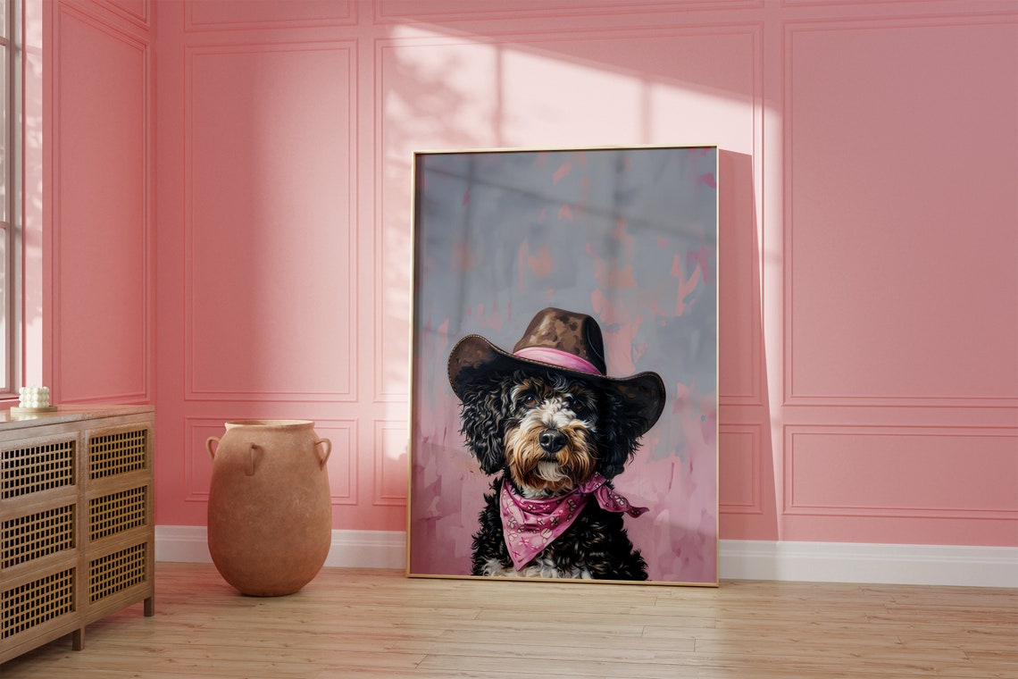 Dog Cowgirl Hat Print Pink Print Vintage Art Western Girly Preppy Trendy Wall Art Puppy Print Cowgirl Hat Print Funky Western Art