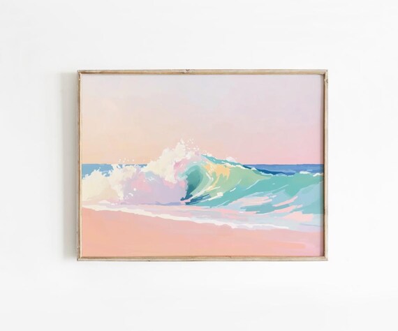 Pastel Pink Ocean Wave Beach Sunset Surf Scene Coastal Poster