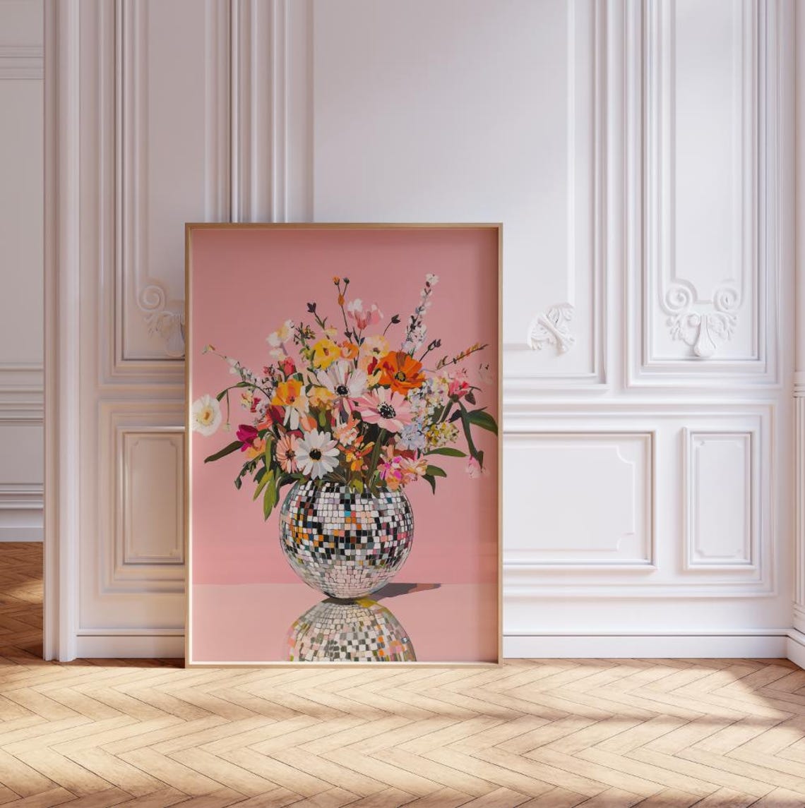 Disco Ball Vase Full Of Wildflowers Pink Funky Floral Art Poster