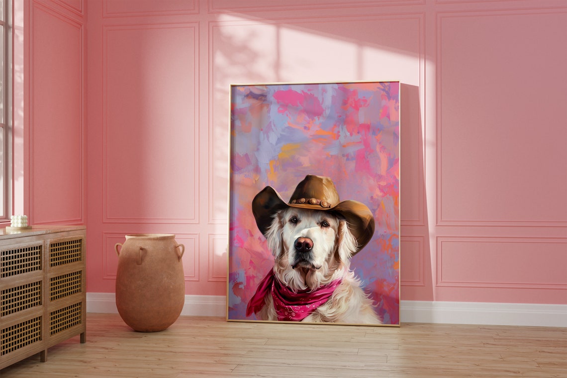 Dog Cowgirl Hat Print Pink Print Vintage Art Western Girly Preppy Trendy Wall Art Puppy Print Cowgirl Hat Print Funky Western Art