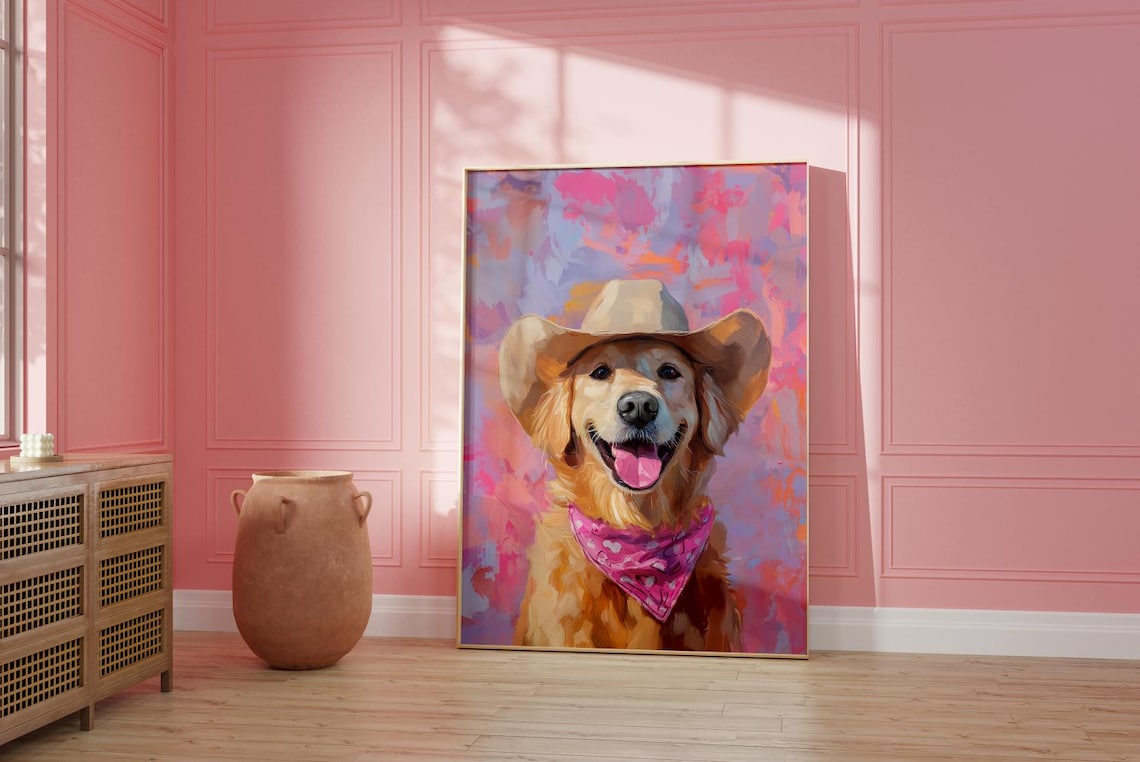 Golden Retriever Cowgirl Hat Vintage Western Art Print