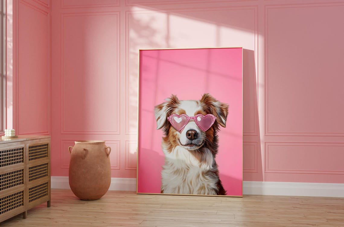 Fluffy Australian Shepherd Heart Sunglasses Pink Portrait Poster - Image 2