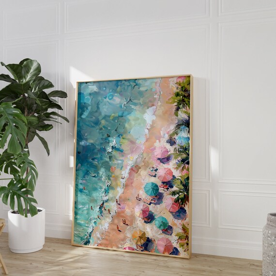 Aerial Beach With Colorful Umbrellas Coastal Painting Wall Art