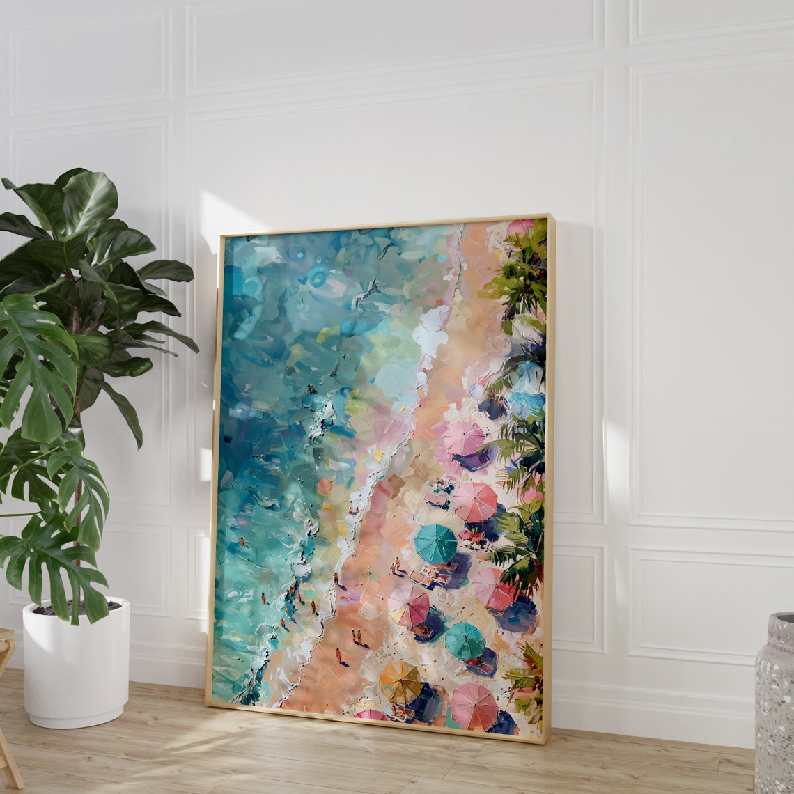 Aerial Beach With Colorful Umbrellas Coastal Painting Wall Art