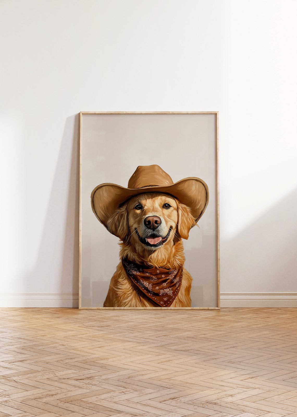 Golden Retriever in Cowboy Hat Brown Bandana Neutral Western Poster - Image 2