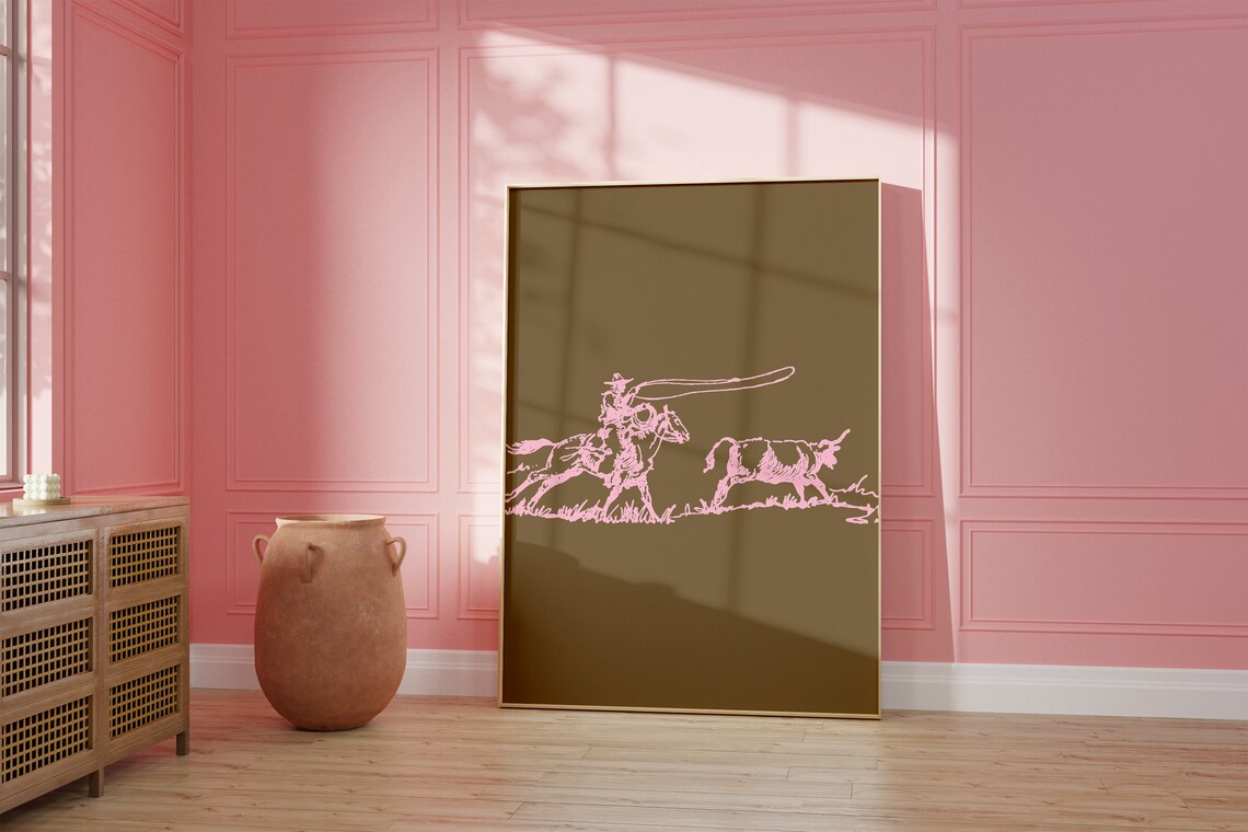 Pink Line Art Cowboy Roping Calf on the Range Western Poster - Image 2
