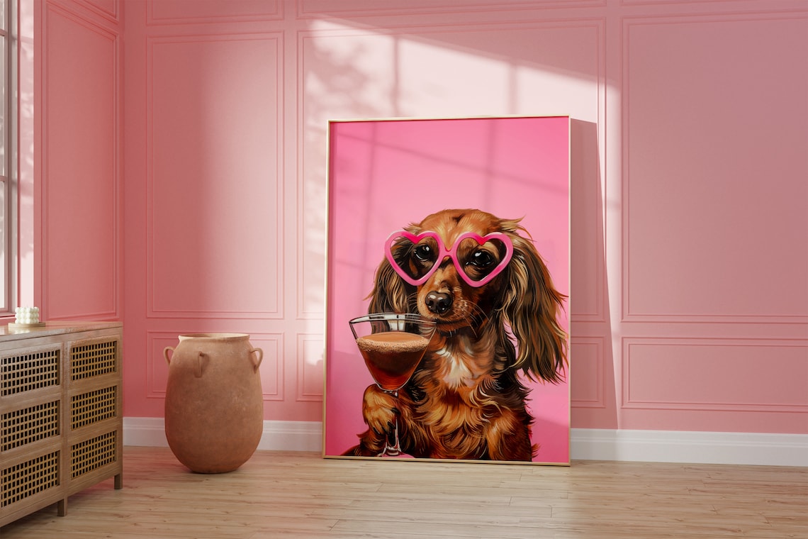 Pink Dachshund Funky Poster, Preppy Dog Art - Image 2