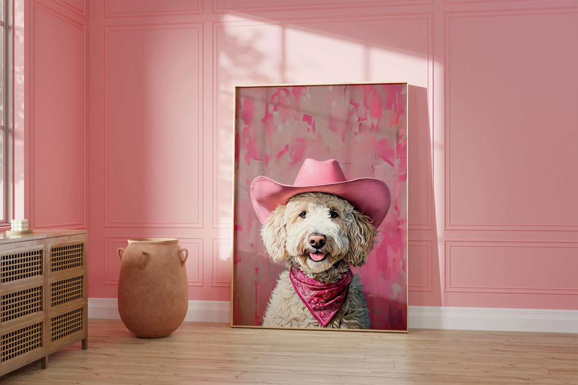 Pink Goldendoodle Dog Cowgirl Hat Print Pink Print Vintage Art Western Girly Preppy Trendy Wall Art Cowgirl Hat Print Funky Western Art