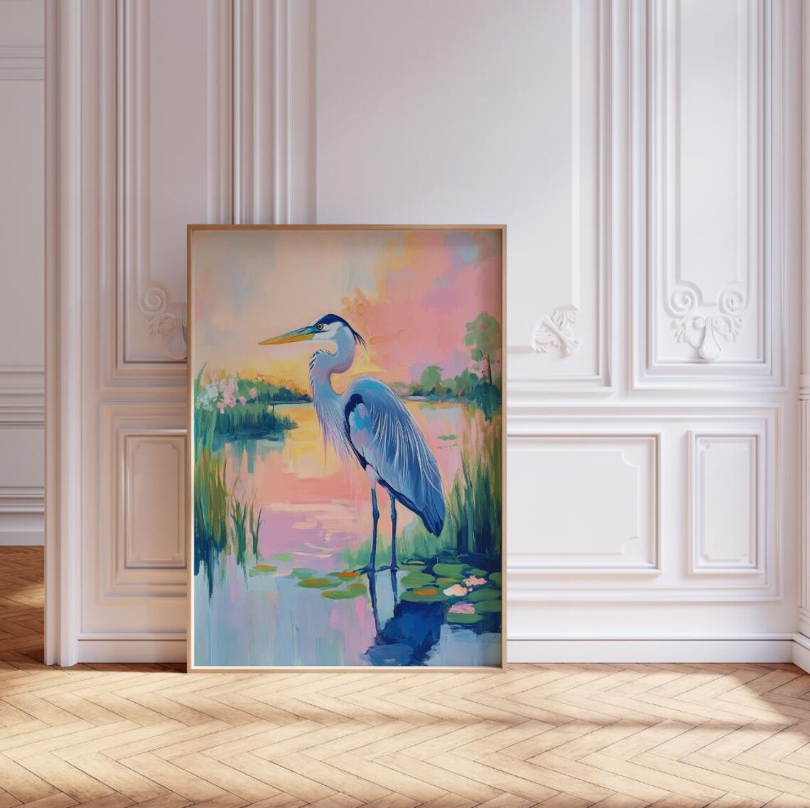Blue Heron Marsh Pastel Coastal Art Print